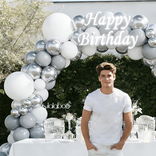 Image of White and Silver Balloons Arch Kit 155Pcs 18 10 5 Inch | Gray Grey White Metallic Silver Different Sizes Latex Garland Birthday Anniversary Wedding Bridal Shower Party Decorations