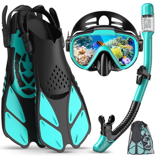 Snorkel Set with Fins for Adults Snorkeling Gear for Adults Men and Women Mask Anti-Fog Anti-Leak Dry Top Snorkel Fins and Travel Bag for Swimming Snorkeling and Diving