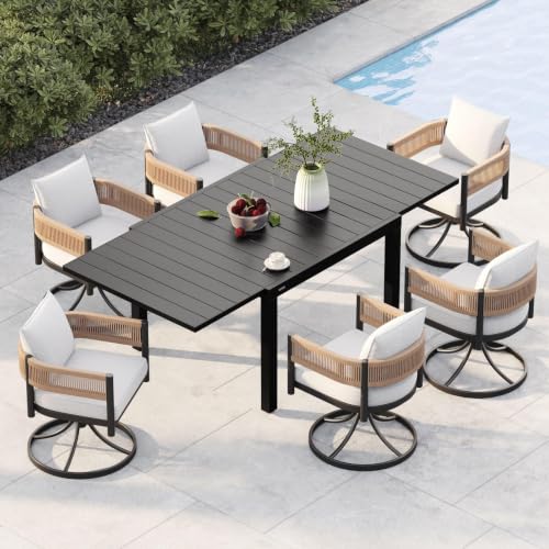 Image of Grand patio 7-Piece Outdoor Dining Set for 6 with 1 Rectangle Expandable Table for 4-6 Person, Metal Woven Wicker Swivel Patio Chairs with Thickened Cushions for Yard, Poolside, Deck (Natural)