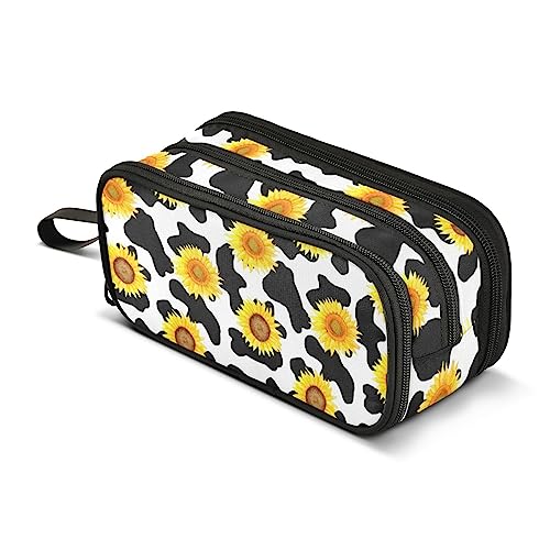 Image of Pencil Case Big Capacity Milk Cow Print Sunflower Handheld 3 Compartments Pencil Pouch Portable Large Storage Canvas Pencil Bag for Boys Girls Adults Students