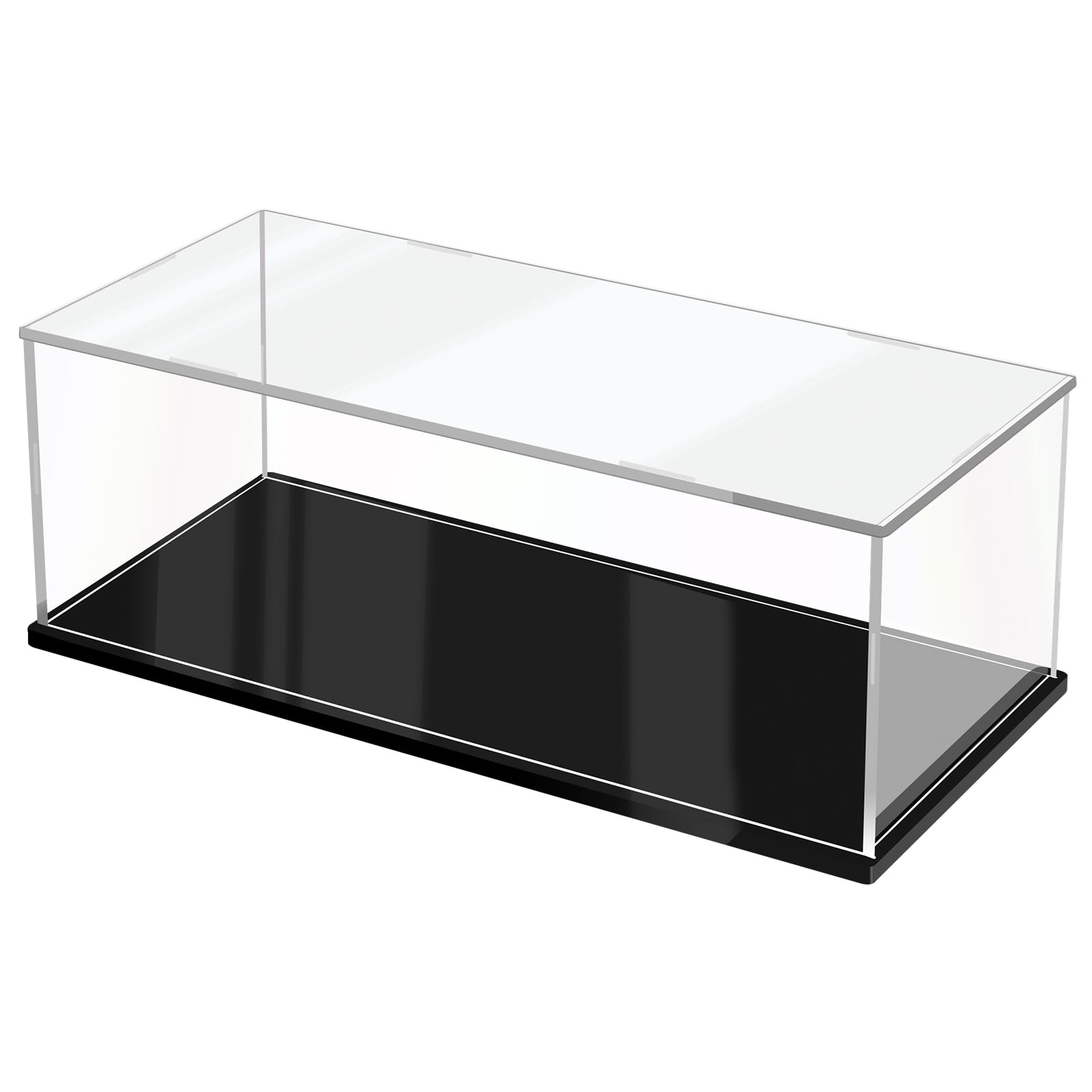JUJOMAT Acryl Vitrine Schaukasten Transparente Staubdichte Box 55*25*18cm | Klare Display Case für Modelle Action-Figuren Spielzeug Sammlerstücke mit Schwarzer Basis; Handschuhe Putztuch
