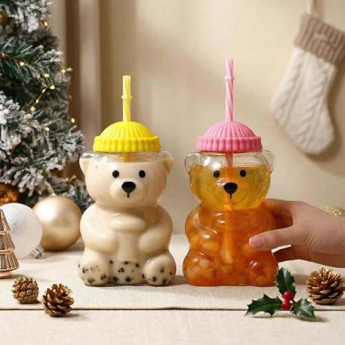 Image of New Glass Bear Straw Cup 600ML Cute Bear Glass Tumbler with Reusable Straw - Viral Animal Design for Smoothies, Boba & Iced Coffee (Yellow)