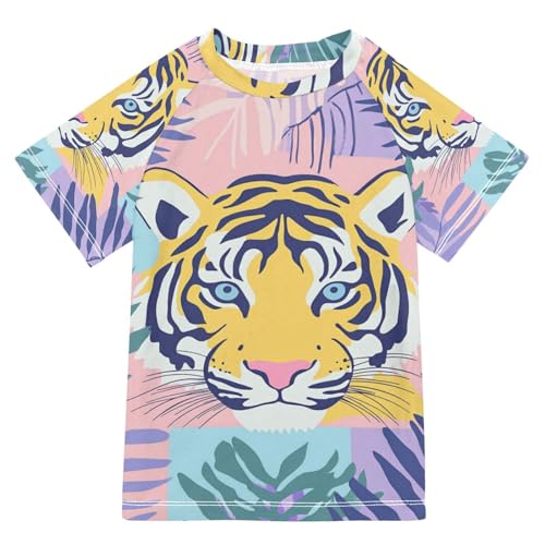 Jucciaco Boys Swimsuit Tiger Graphic Monstera Sunscreen Kids Sun Rashguard Short Sleeve T-Shirts Swimwear Sets UPF 50+ Multicoloured
