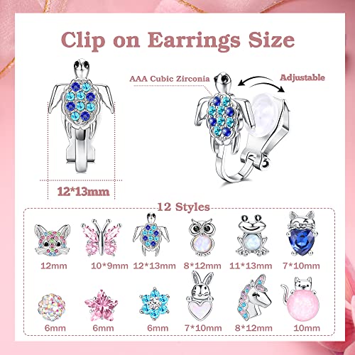 Fansilver 12 Pairs Clip On Earrings For Women Girls Hypoallergenic Butterfly Turtle Owl Rabbit Clip Earrings Set For Little Girls Non-Pierced Earrings Pack For Teens Girls, Animal #TOP1