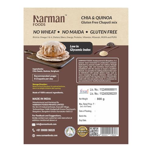 Image of Narman Foods Chia & Quinoa Chapati Mix 800g | Gluten-Free Flour | Maida & Wheat Free | Enriched with Vitamins, Dietary Fibre, Protein | Low GI | No Added Preservatives