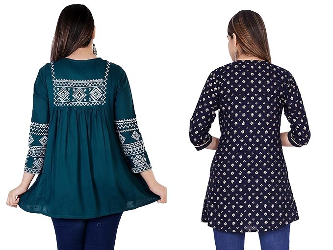 Image of Shiva Fab Short Kurti for Women | Embroidered Straight Rayon Kurta | Round Neck Full Sleeves Short Kurti for Women's Combo Pack of 2