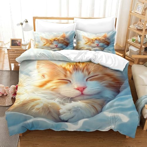 Housse de couette chat mignon 3D 200x200 avec 2 taies d'oreiller en microfibre pastel - 3