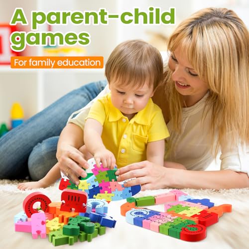 Image of Yunsailing 4 Pcs Wooden Animal Puzzles for Kids, Double Sided Snake Jigsaw with Alphabet & Numbers for Preschool Toddler Learning Educational Activities(Transportation)