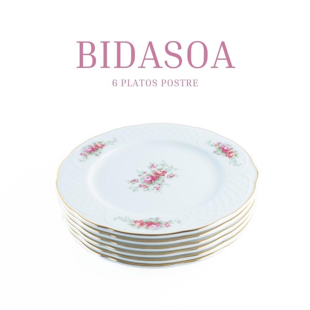 FranquiHOgar Juego de Platos de Postre de Porcelana (6 piezas) Bidasoa Irina con Motivos Florales y Filo de Oro, Piezas de Porcelana con un Acabado Fino y Decorativo