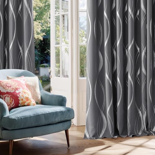NICETOWN Grey Blackout Striped Pattern Curtains for Living Room 84 inch Long 2 Panels Set, Noise Reducing Thermal Insulated Wave Line Foil Print Bedroom Drapes for Patio Sliding Glass Door (52 x 84) - Image 4