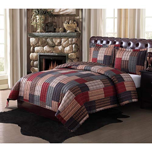OVS 3 Piece Beautiful Rustic Red Green Brown King Quilt
