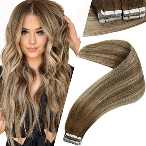VeSunny 14inch Tape in Hair Extensions Human Hair Balayage Color #6 Brown Fading to #60 Platinum Blonde Highlighted Balayage Tape Extensions 20pcs 50 Gram Per Pack