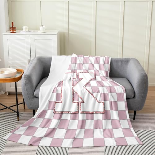 Image of Erosebridal Pink Initial K Flannel Blanket Kawaii Plaid Checkered Fuzzy Plush Throw Cute Personalized Monogram Fleece Blanket for Kids Girls,Fashion Grids Gingham Decor for Bed Couch Throw 50 inchx60 inch