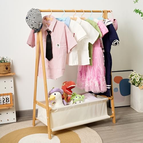 Bamboo Kids Clothing Rack with Storage Box - Foldable,Kids Dress Up Rack with Hooks & Rod, Organize Dress Up Storage & School Uniforms, Perfect for 4-13 Year Olds (Natural)
