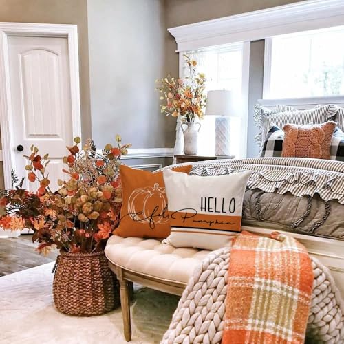 GEEORY Fall Decor Pillow Covers 18x18 Set of 4 Hello Pumpkin Orange Stripes Fall Pillows Decorative Throw Pillows Outdoor Farmhouse Thanksgiving Decorations Cushion Case for Couch Sofa