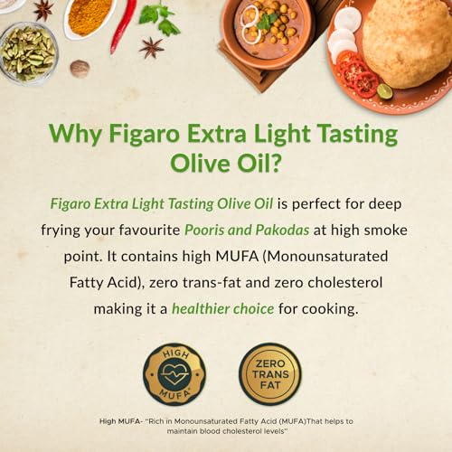 Image of Figaro Extra Light Tasting Olive Oil- Ideal for All Indian Cooking- Suitable for Deep Frying- Imported from Spain- 500 ml (Pack of 3)