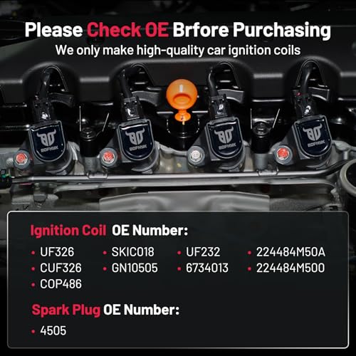 Image of BDFHYK 4 Ignition Coil Pack UF326 and 4 Iridium Spark Plug 4505 Compatible with Nissan Sentra 2000-2002 1.8L L4 Coil for 224484M500 224484M50A UF326 SKIC018 UF232 COP486 CUF326 6734013 GN10505