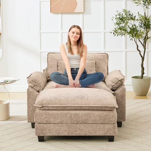 Image of Oprisen 53 inch Modular Sectional Sofa, Comfy Cloud Couch Sectional Sofa with Ottoman, Chenille Sofa Sleeper Deep Seat Sofa with Throw Pillows for Living Room (Khaki)