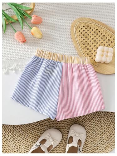 Verdusa Short feminino listrado color block casual perna reta, Rosa e azul., 7 Anos