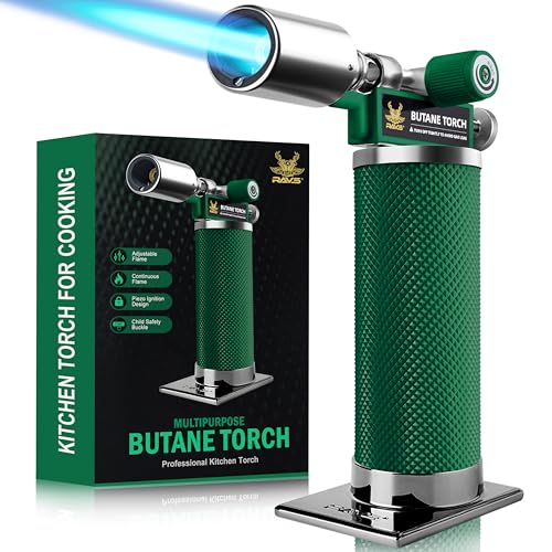 RAVS Butane Torch Lighter Premium Metal Creme Brulee Torch with Adjustable Flame & Safety Buckle Cooking Torch for Baking BBQ DIY Green Butane Gas Not Included