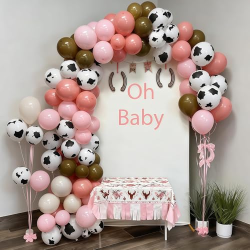 Image of Cowgirl Balloons Dusty Pink Brown Cow Print Balloons Light Pink Khaki Tan Coffee White Sand Nude Balloon Set for Western Cowboy Girls Farm Rodeo Rustic Baby Shower Birthday Party Decorations