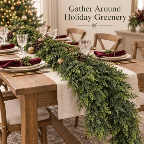 1Pcs 9Ft Real Touch Christmas Cedar Garland, Realistic Full Cedar Garland, Green Artificial Pine Needles Garlands for Mantel, Fireplace, Stairs Railing, Tables, Christmas Decorations - image 7