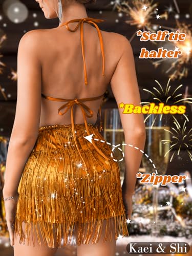 Image of Kaei&Shi Sequin Fringe Romper,Sparkly Glitter Metallic Jumpsuits For Women,Backless Shorts Dress Disco Birthday Dance Outfit