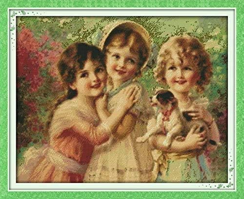 Happy Forever Cross Stitch Kits 11CT Stamped Patterns for Kids and Adults, DIY Preprinted Embroidery kit for Beginner, Beauty and Girl (R321 Girl and cat, Size 16''x22'')