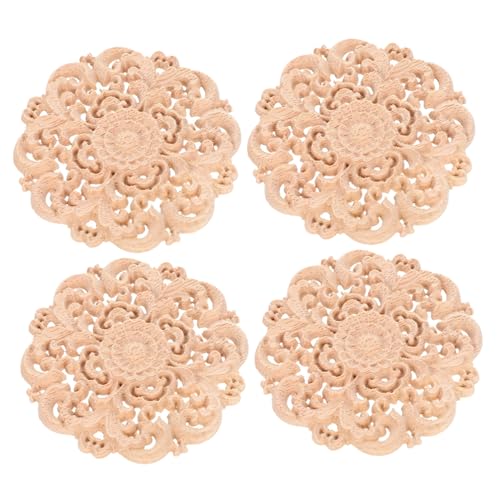 FONDOTIN 4個木製貼花 丸型彫刻 花柄デザイン 無塗装 木彫り家具装飾 キャビネットやドレッサーのコーナー用オンレー 向け耐久性あるウッドク