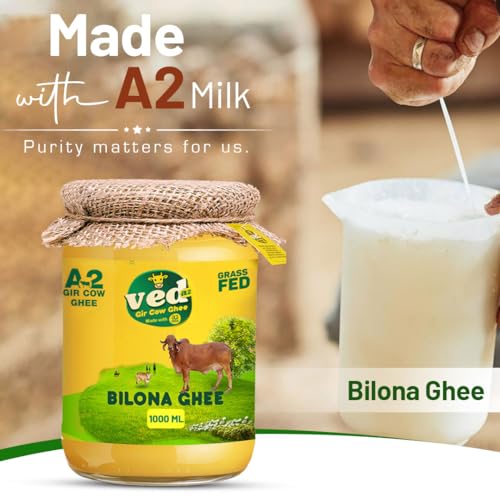 Image of Ved A2 Gir 100% Pure A2 Desi Gir Cow Ghee, Made with Vedic Bilona Method, Lab Tested Hand Churned Cow Desi Ghee, Support Immune System & Digestive Health, Glass Jar (1000ml, Pack of 1)