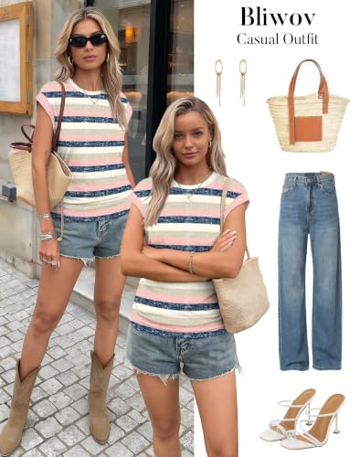 Image of Bliwov Womens Summer Tops Cap Sleeve Crew Neck Casual T Shirts
