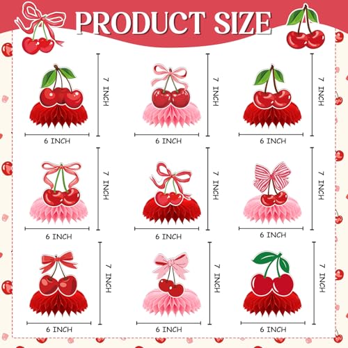 Image of Cherries Birthday Party Decorations - 9 Pcs Pink Bow Honeycomb Centerpieces for Girls Women Sweet Cherries Table Ornaments Sets Happy Paper Fruit Theme Supplies Red Coquette Display Decors