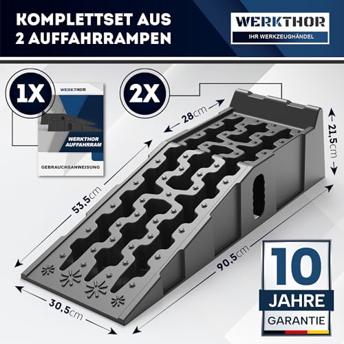 WERKTHOR Auffahrrampe Pkw – [2er Set] Auffahrrampen Pkw für maximalen Halt – Robuste Hebebühne Auto für jeden Untergrund – Auffahrkeile für sicheres Arbeiten – Perfekt für Fahrzeuge [5T]