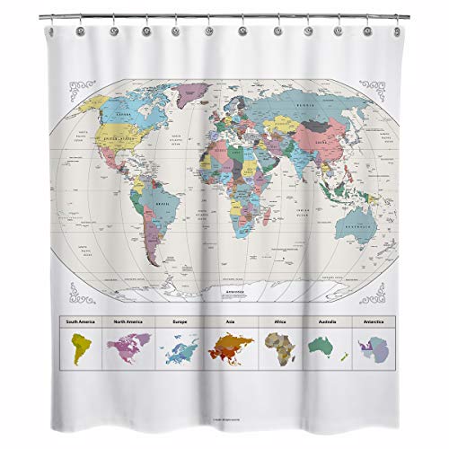 Sunlit Map of The World with Detailed Major Cities. PVC Free Non-Toxic and Odorless Water Repellent Fabric Shower Curtains - Large Home Decor Wall Map