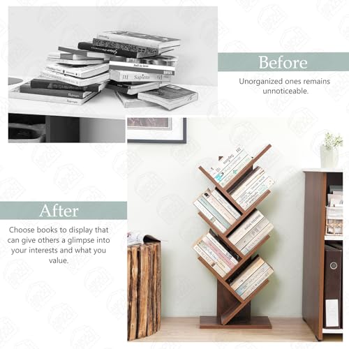 Image of ABOUT SPACE Book Shelf for Home - 7 Tier Tree Shaped Book Rack for Study Room DIY Wooden Book Stand with Bottom Storage Space for Office, Livingroom, Bedroom (Brown - L 35 x B 17 x H 90 cm)