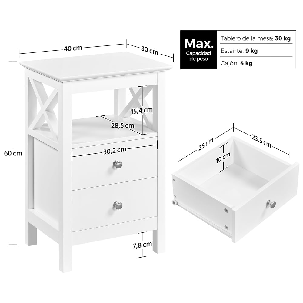 Yaheetech Mesitas de Noche de Dormitorio Mesillas de Noche con 2 Cajones y Estante Mesa Lateral de Sofá de Moderna Mueble de Noche Blanca 40x30x60 cm