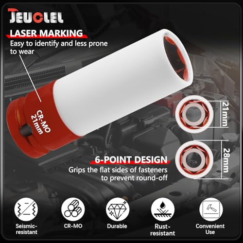 Image of 21mm 1 /2 inchDrive Wheel Protector Impact Socket, Lug Nut Impact Socket | 6 Point, Non-Marring, Thin Wall, Deep Socket, Wheel Protector, Protective Socket, Color-Coded, Cr-Mo Steel, Hand Repair Tool