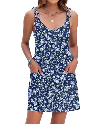 Image of AUSELILY Womens Summer Dresses Sleeveless Spaghetti Strap Beach Cover up Drawstring Waist Mini Short Dress with Pockets