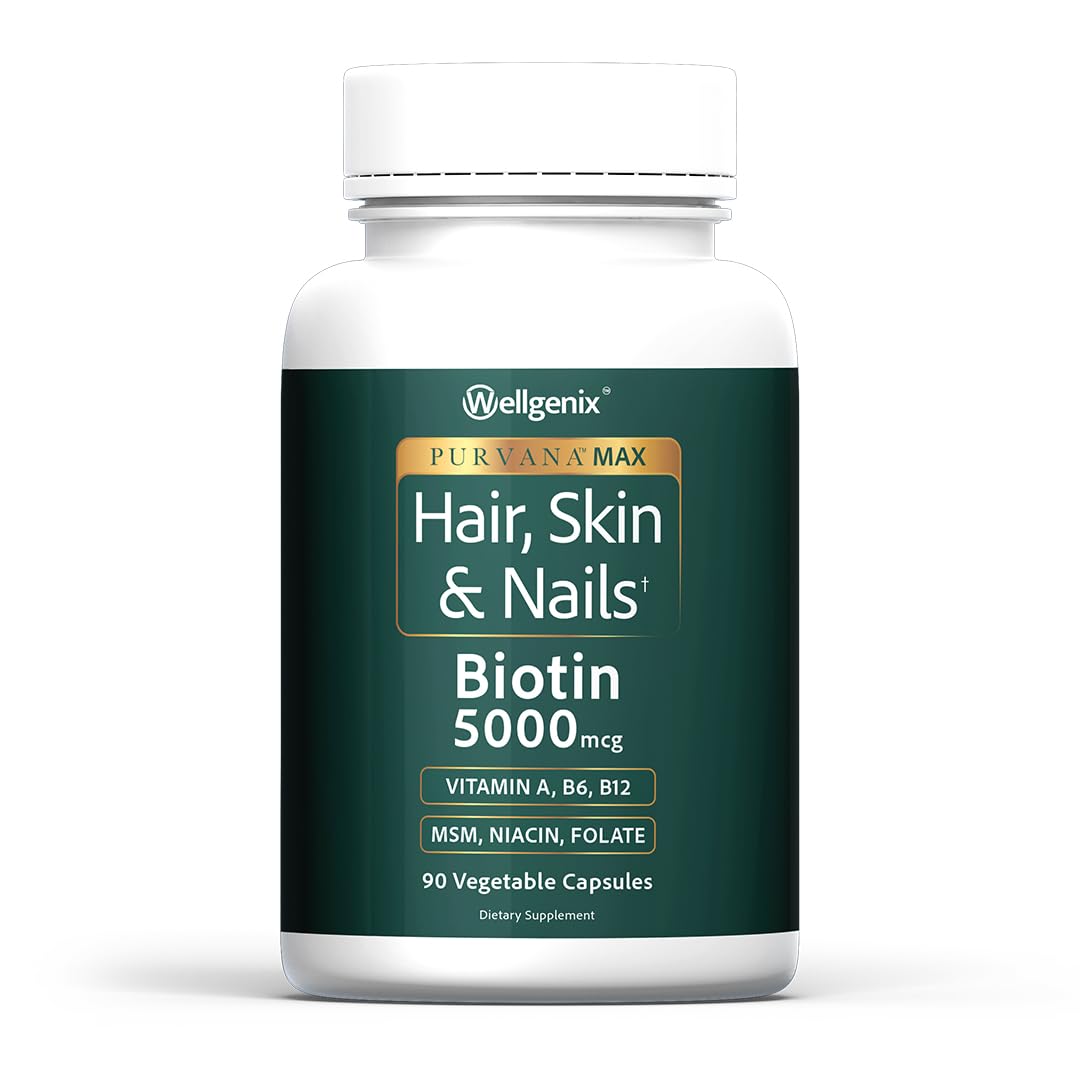 Wellgenix Purvana MAX Hair Skin and Nails Supplement – 5000mcg Biotin with MSM & B-Complex – Supports Thicker Hair, Stronger Nails & Glowing Skin – 90 Veggie Capsules