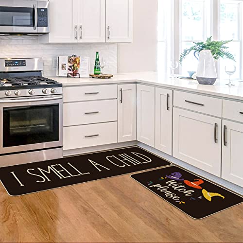 Artoid Mode Black Witch Pleas Halloween Decorative Kitchen Mats Set Of 2, Seasonal Low-Profile Floor Mat 17X29 And 17X47 Inch #TOP4