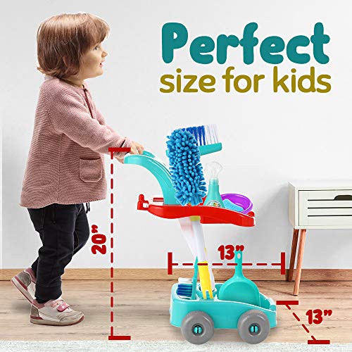 KLT Kids Cleaning Set, Pretend Play Detachable Housekeeping Cart, Montessori Toddler Toys, Cleaning Supplies Toy for Kids Toddler Boy and Girl with Kids Broom and Dustpan Set Cleaning Tools 11 Pcs - Thumbnail 2