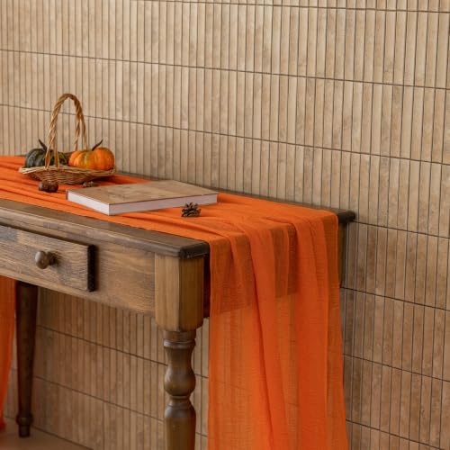 Image of 2Pcs Fall Orange Cheesecloth Table Runner 120 Inch Party Home Decor | For Thanksgiving Friendsgiving Wedding Bridal Shower Baby Shower Engagement Party Rustic Boho Autumn Home Decor
