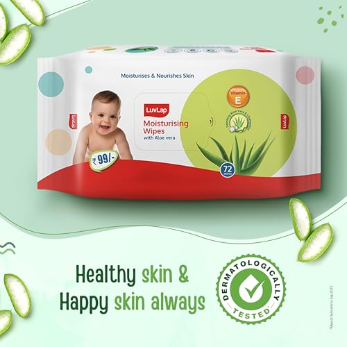 Image of LuvLap Moisturising Wet Wipes Without Lid for Baby Skin, Enriched with Aloe Vera, Vitamin E & Chamomile Extract, pH Balanced, Dermatologically Safe, Paraben & Sulphate Free, 72 Wipes, Pack of 5