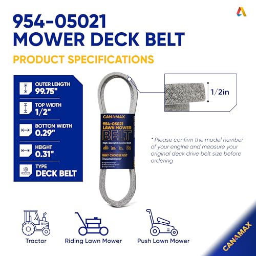 Image of 954-05021 Deck Belt by Canamax Replacement for Cub Cadet 42 Inch XT1 LT42 XT2 LX42 Craftsman T210 CMXGRAM1130043 T2200 MTD 754-05021 Columbia 13APA1KS897 Lawn Mowers /Aramid Cord / 99.75 inch x 0.5 inch