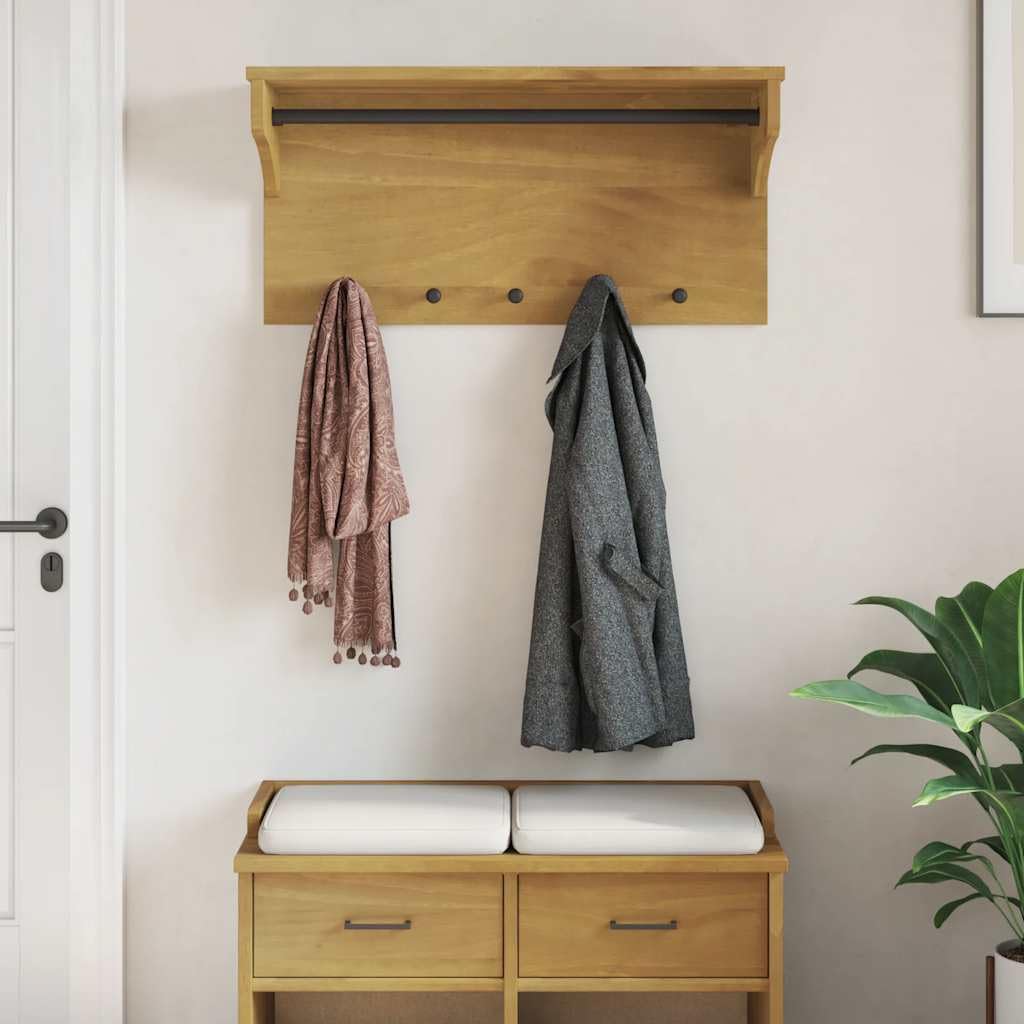 Garderoba ścienna Sandnes z litego drewna sosnowego, garderoba do przedpokoju z półką na kapelusze i 5 haczykami, rustykalny design o wyglądzie orzecha włoskiego, 87 x 30 x 42 cm