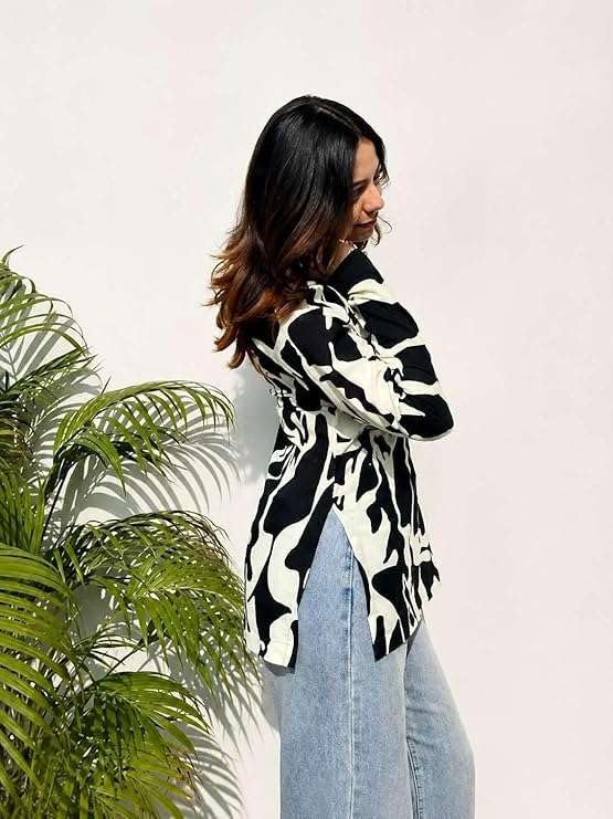Image of Women Rayon Printed Short Kurti for Women | Floral V Neck Short Kurta Top | Full Sleeve Casual Kurti for Girls & Women