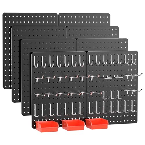 Hogurity Peg Board 114PCS Heavy Duty Metal Pegboard with Hooks 8 Pack Black Peg Board Panels 60lbs Load Capacity Each Pegboard Wall Organizer for Garage Workshop Kitchen Craft Rooms