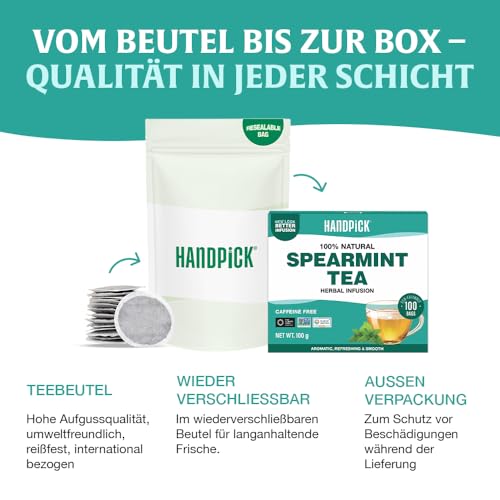 HANDPICK Krauseminze Tee | 100 Umweltfreundliche Runde Teebeutel | Koffeinfrei & Nicht-GVO | Aus 100% Reinen Krauseminzblättern | Minzetee, Spearmint Tea | Vakuumversiegelt
