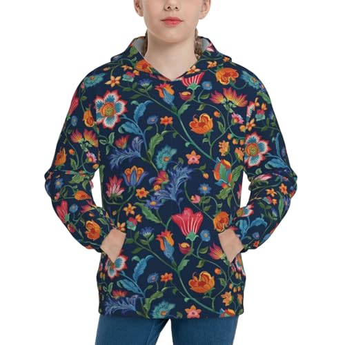 Vintage Embroidery Flowers Kid Hoodies Boys Sweatshirts Girls Pullover with Pocket