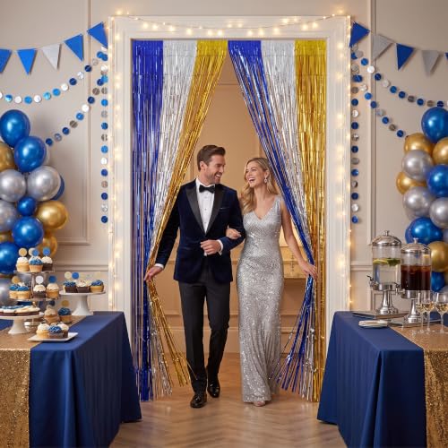 Image of TONIFUL 2Pcs Blue Silver Gold Metallic Tinsel Foil Fringe Curtain Streamers | 3.3ftx6.6ft Photo Booth Backdrop Door Streamer, Props for New Year Eve Birthday Graduation Retirement 80s 90s Party Decor